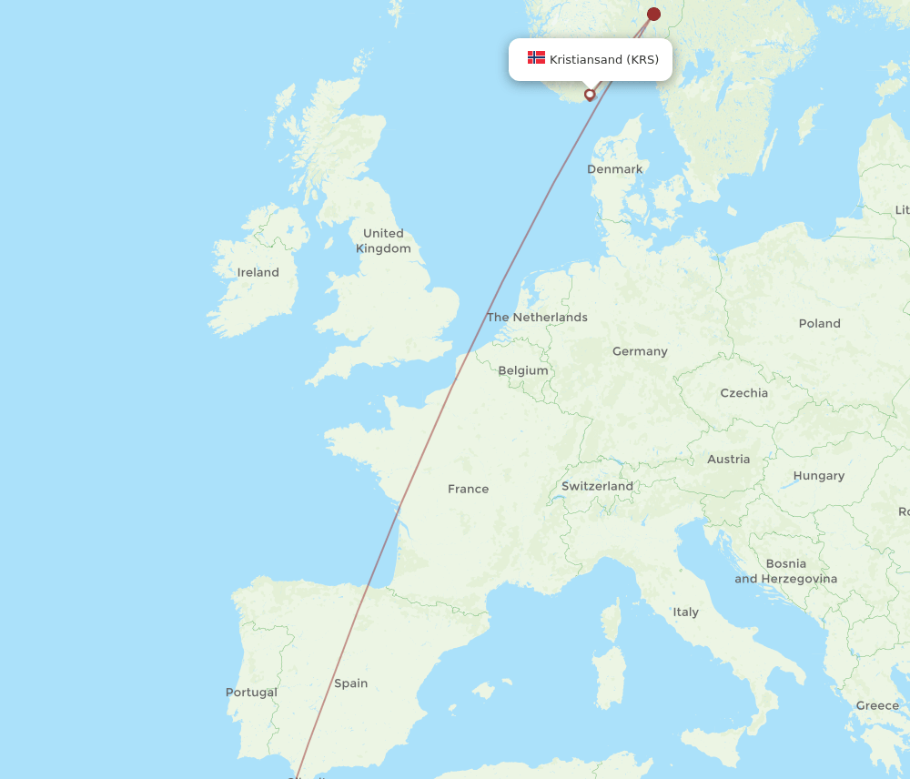 Marrakech - Kristiansand route map and flight paths