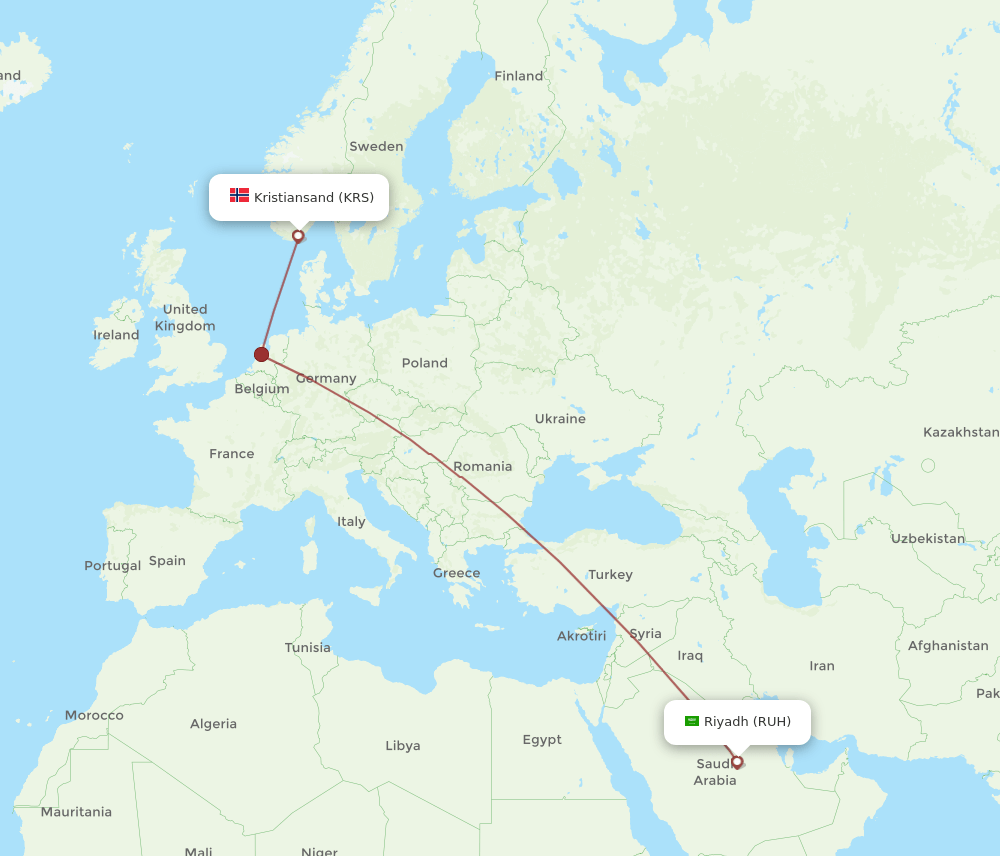 Riyadh - Kristiansand route map and flight paths