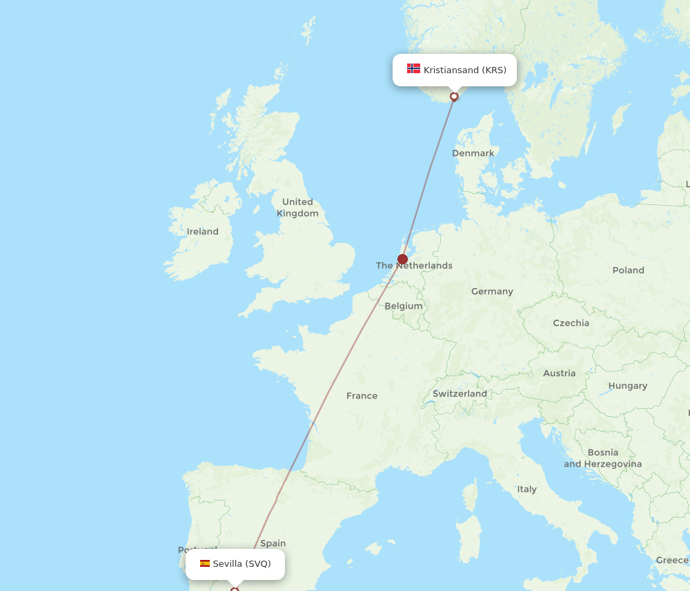 Sevilla - Kristiansand route map and flight paths