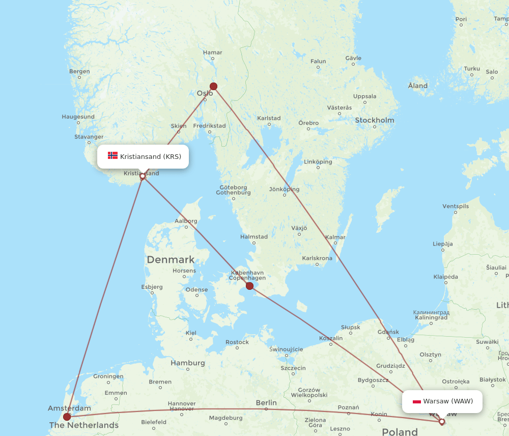 KRS to WAW flights and routes map