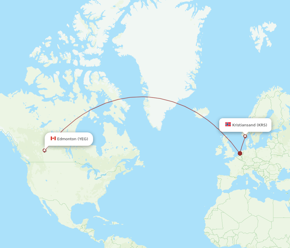 KRS-YEG flight routes