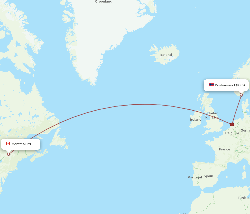 KRS-YUL flight routes
