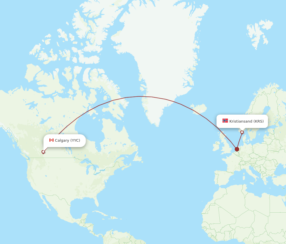 Calgary - Kristiansand route map and flight paths