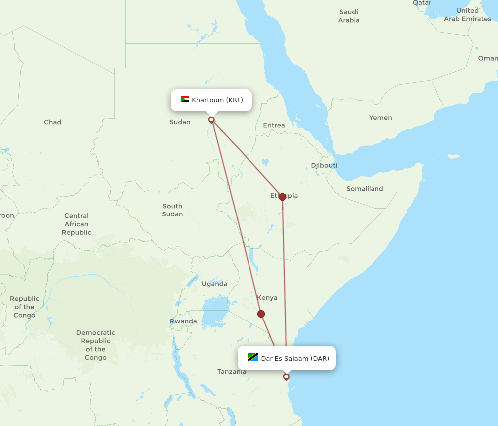 Khartoum - Dar Es Salaam route map and flight paths