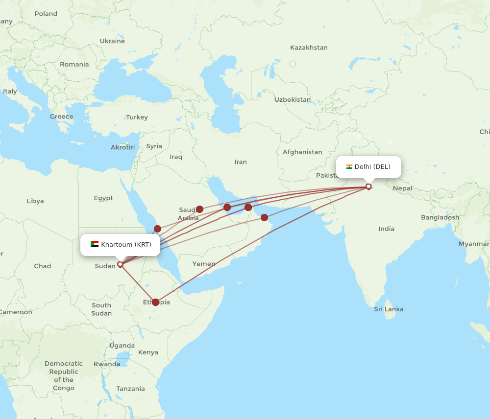 Khartoum - Delhi route map and flight paths