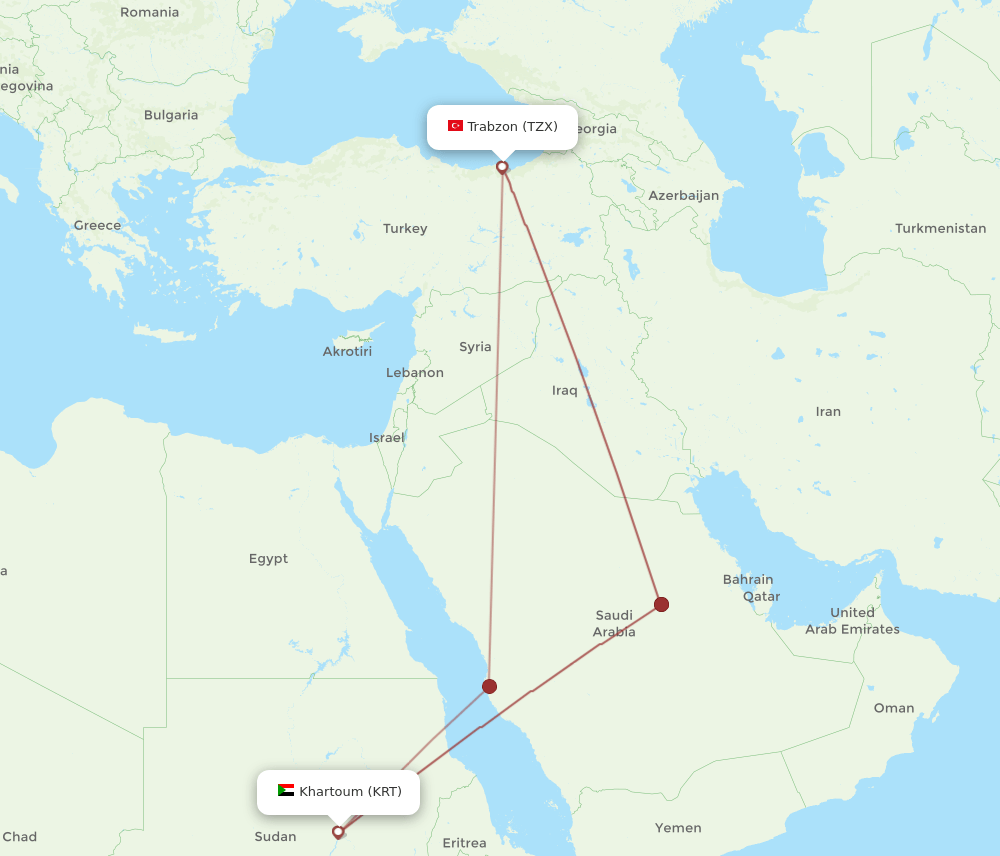 KRT to TZX flights and routes map