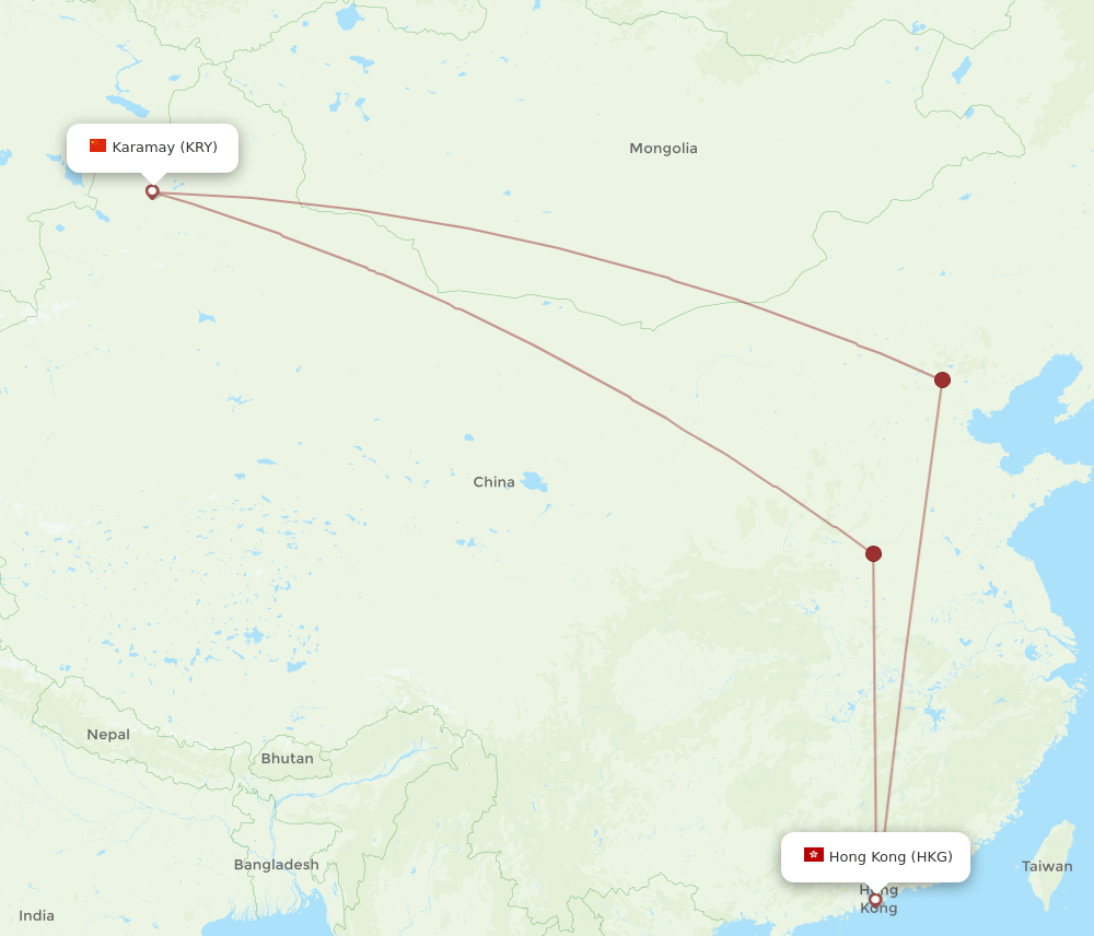 Hong Kong - Karamay route map and flight paths