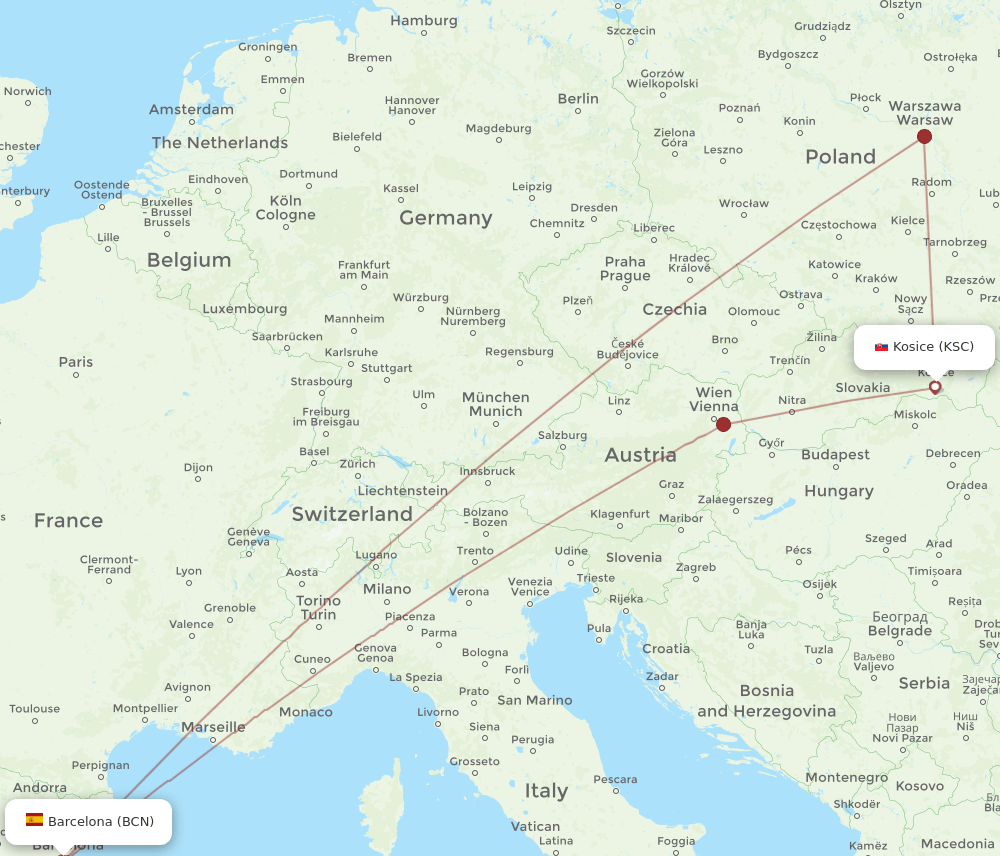 KSC-BCN flight routes