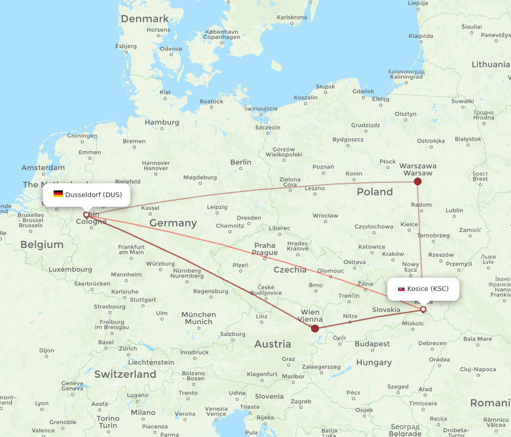 KSC to DUS flights and routes map