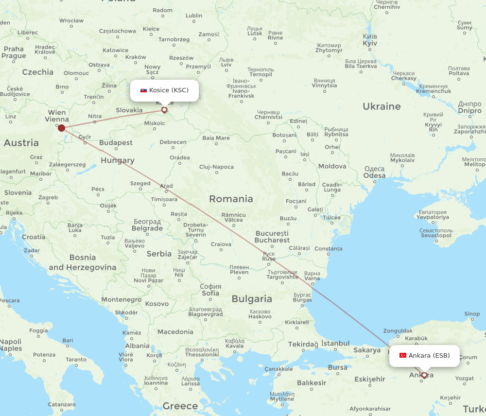 KSC to ESB flights and routes map