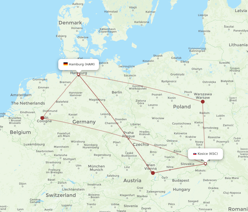 KSC-HAM flight routes