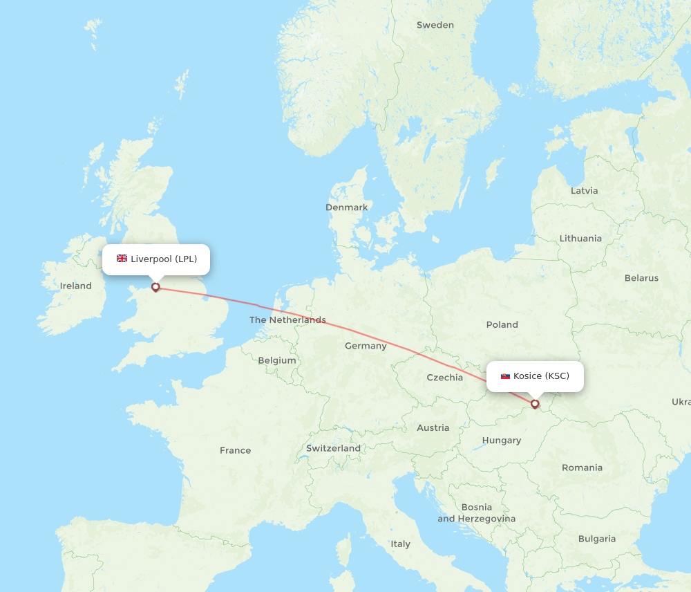 Kosice - Liverpool route map and flight paths