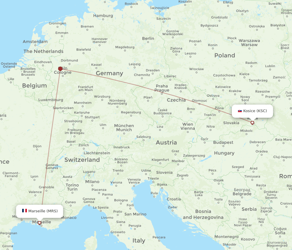 Marseille - Kosice route map and flight paths