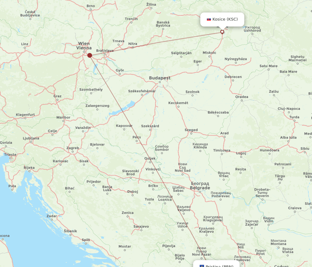 Pristina - Kosice route map and flight paths