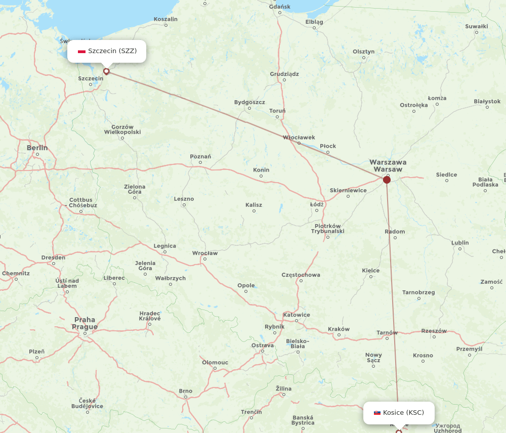 KSC to SZZ flights and routes map