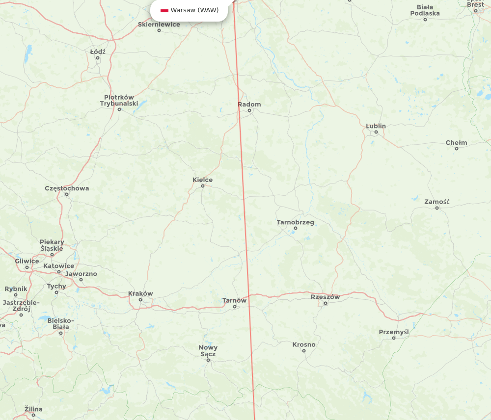 Kosice - Warsaw route map and flight paths