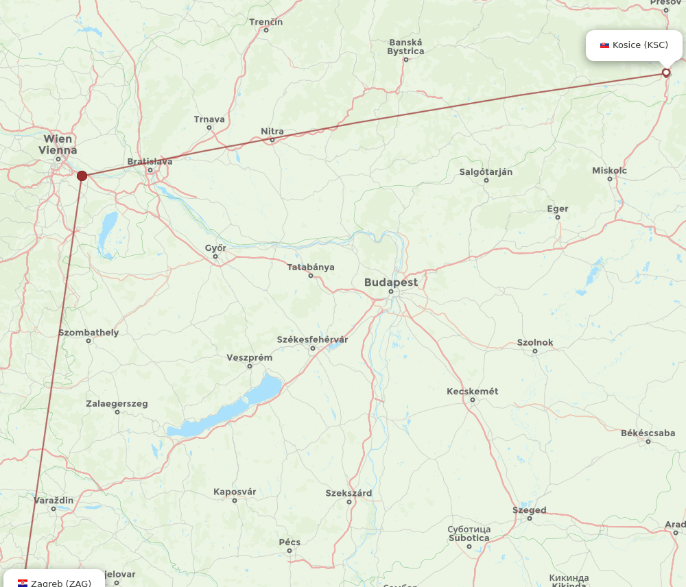 KSC to ZAG flights and routes map