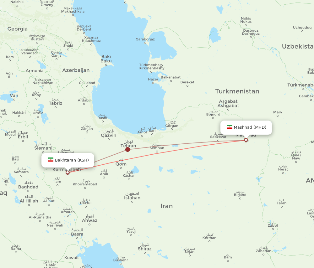 Kermanshah - Mashad route map and flight paths