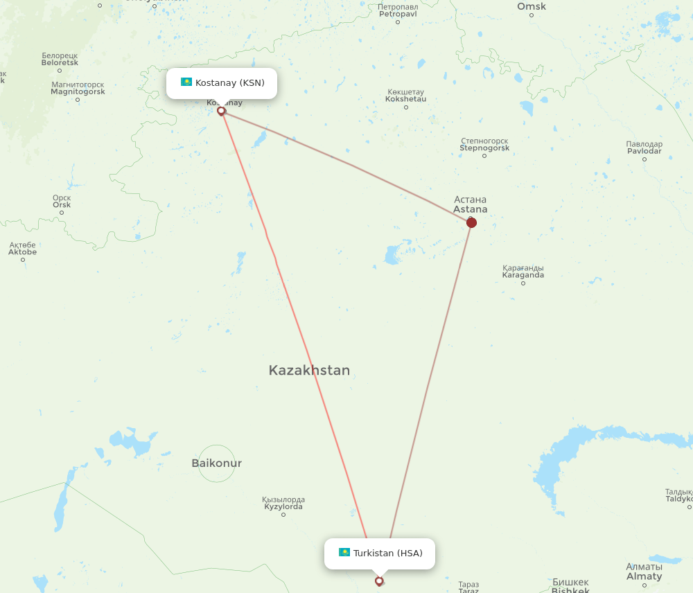 Kostanay - Turkistan route map and flight paths