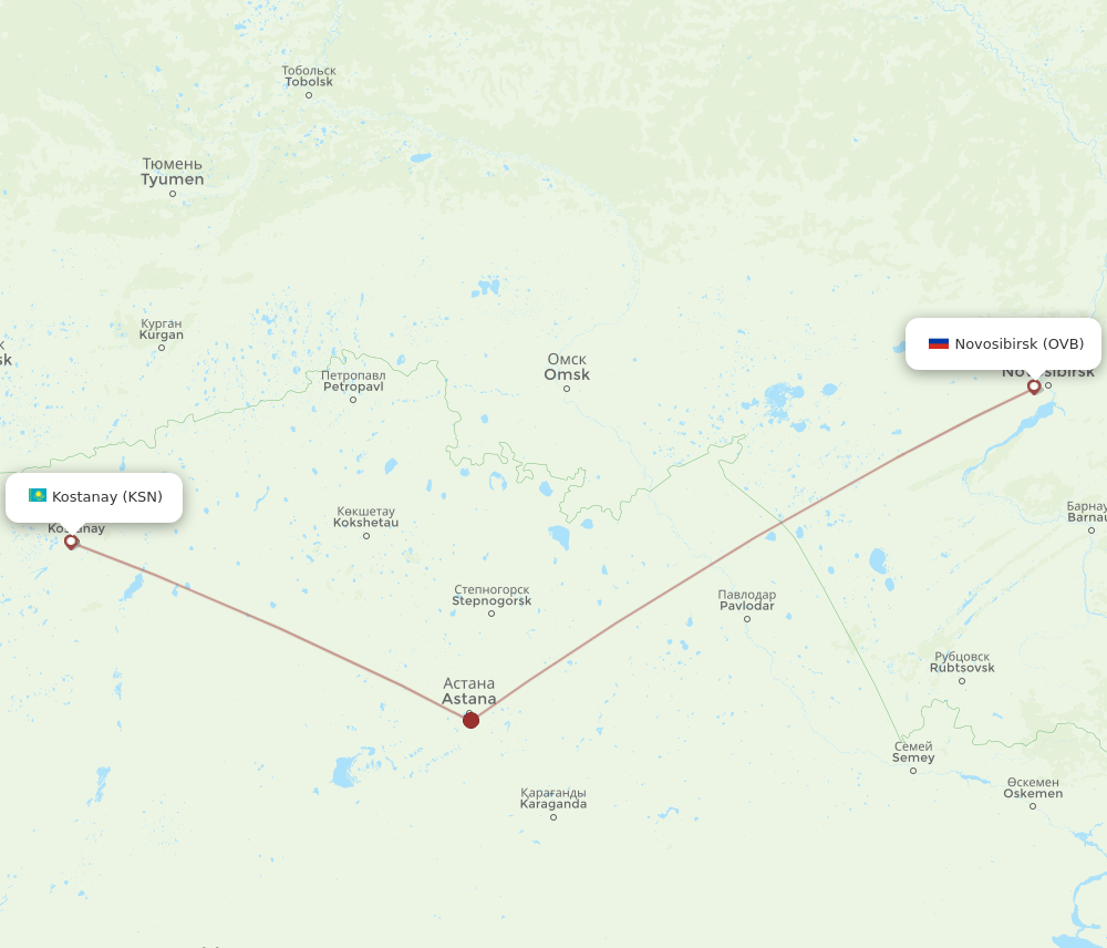 Novosibirsk - Kostanay route map and flight paths