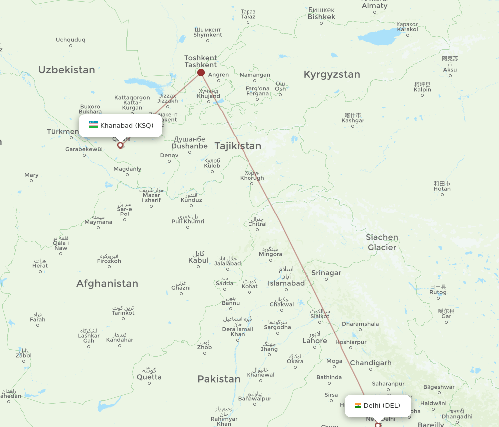 Delhi - Karshi route map and flight paths