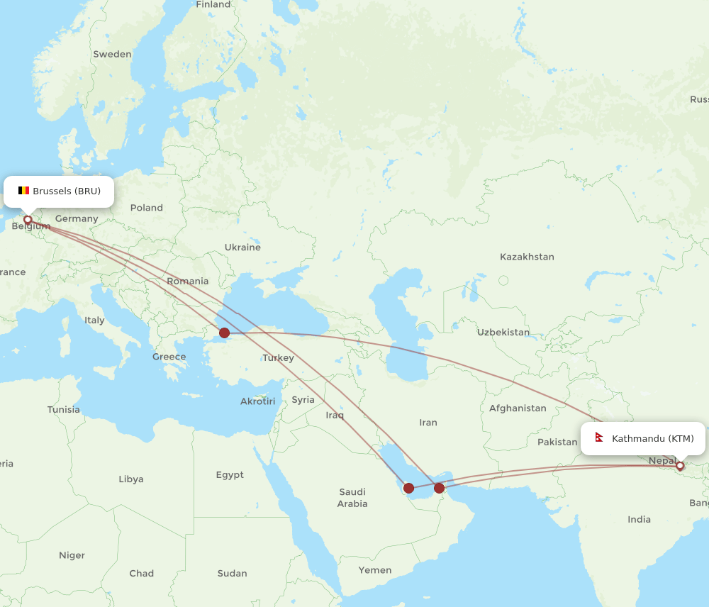 KTM-BRU flight routes