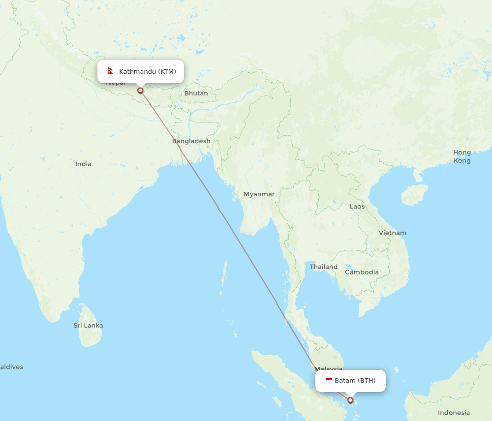 Batam - Kathmandu route map and flight paths