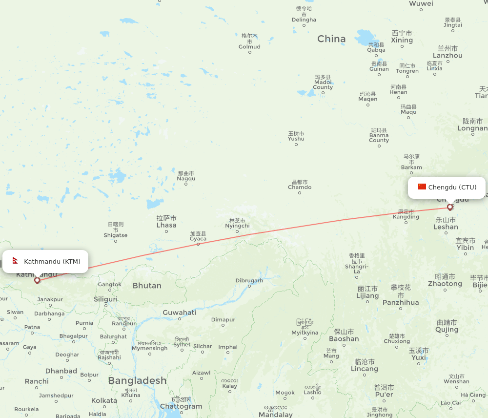 Kathmandu - Chengdu route map and flight paths