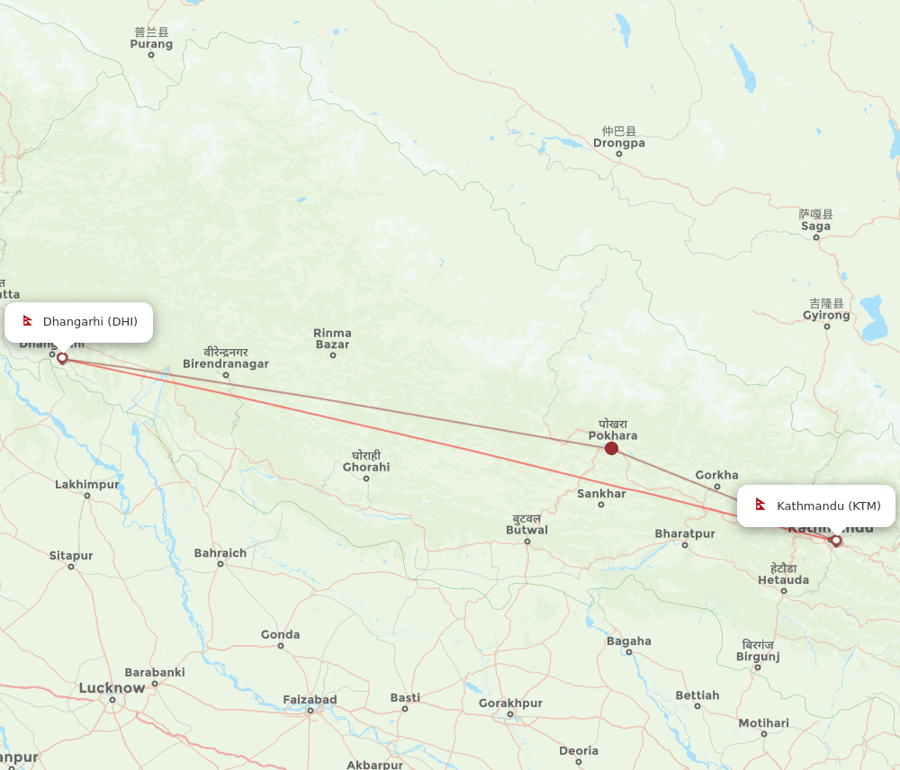 Kathmandu - Dhangarhi route map and flight paths