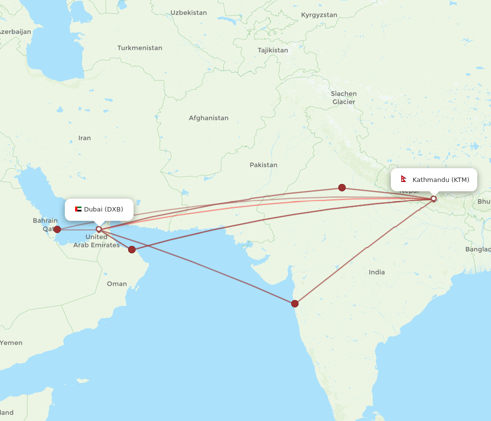 KTM to DXB flights and routes map