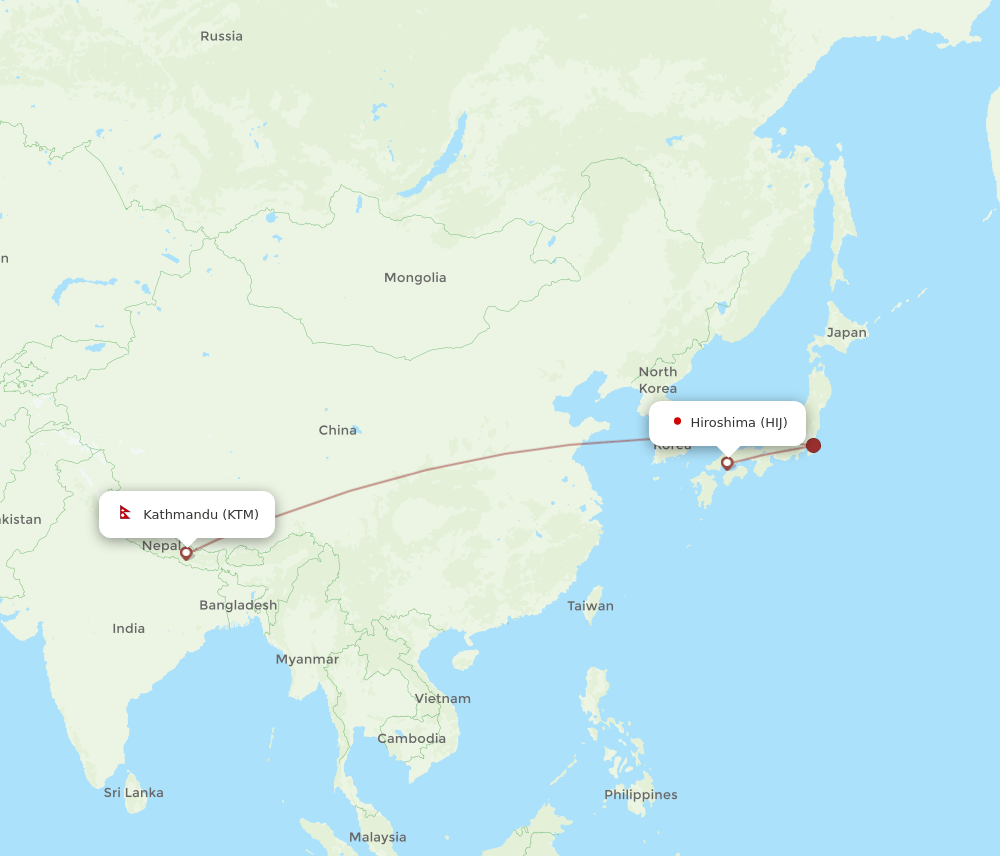 Hiroshima - Kathmandu route map and flight paths