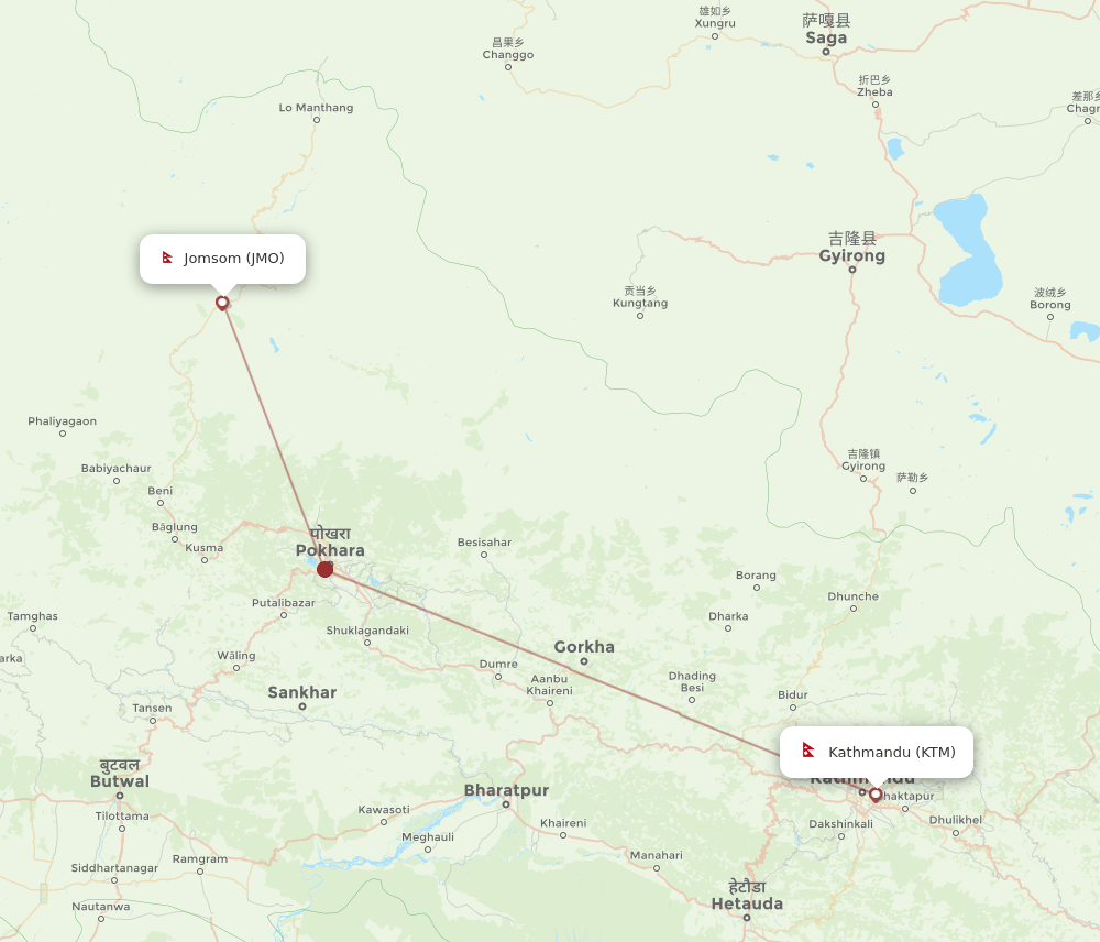 Kathmandu - Jomsom route map and flight paths