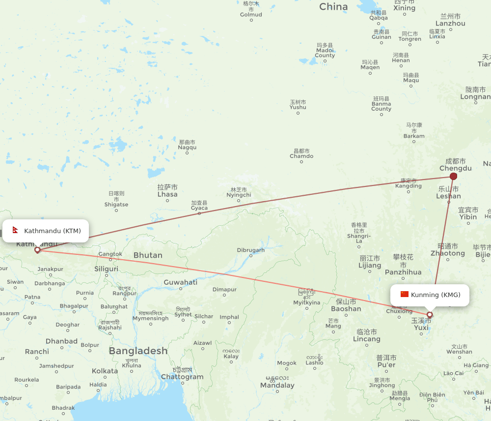 KTM-KMG flight routes