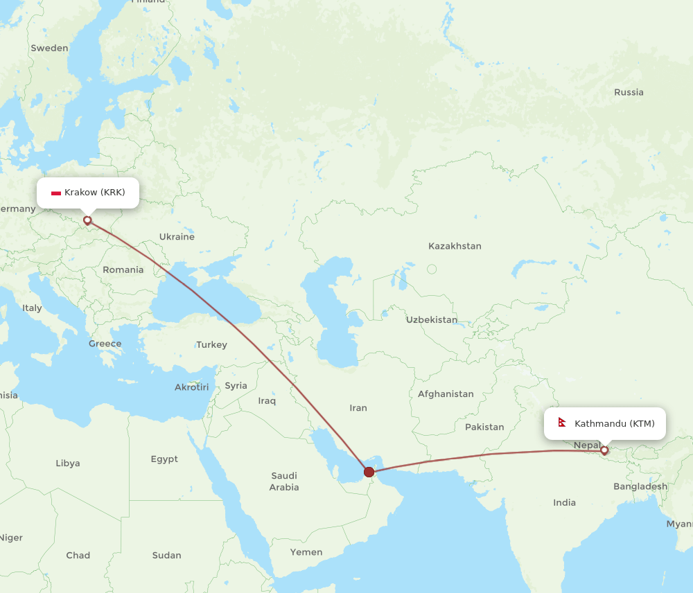 Krakow - Kathmandu route map and flight paths