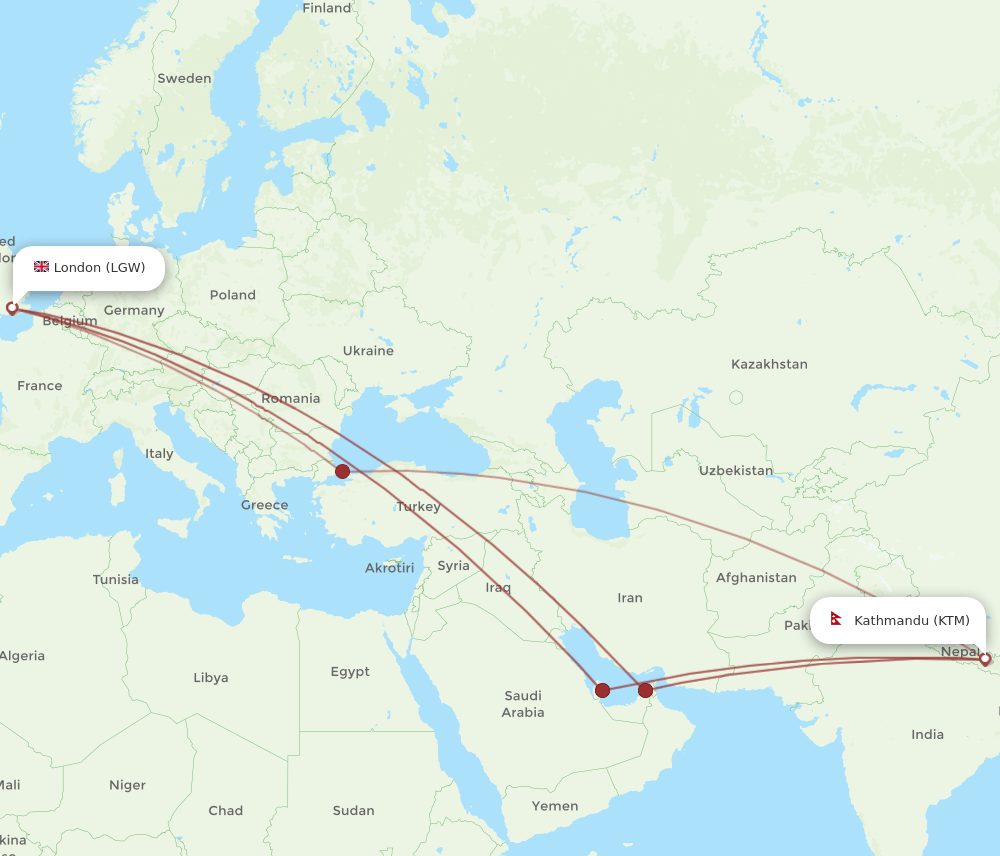 KTM to LGW flights and routes map