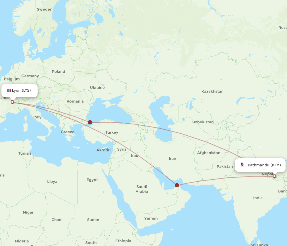 KTM to LYS flights and routes map