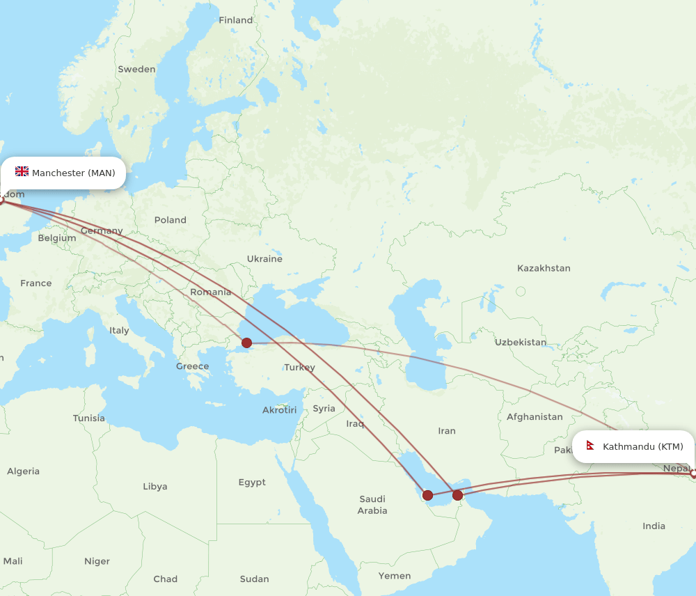 KTM-MAN flight routes