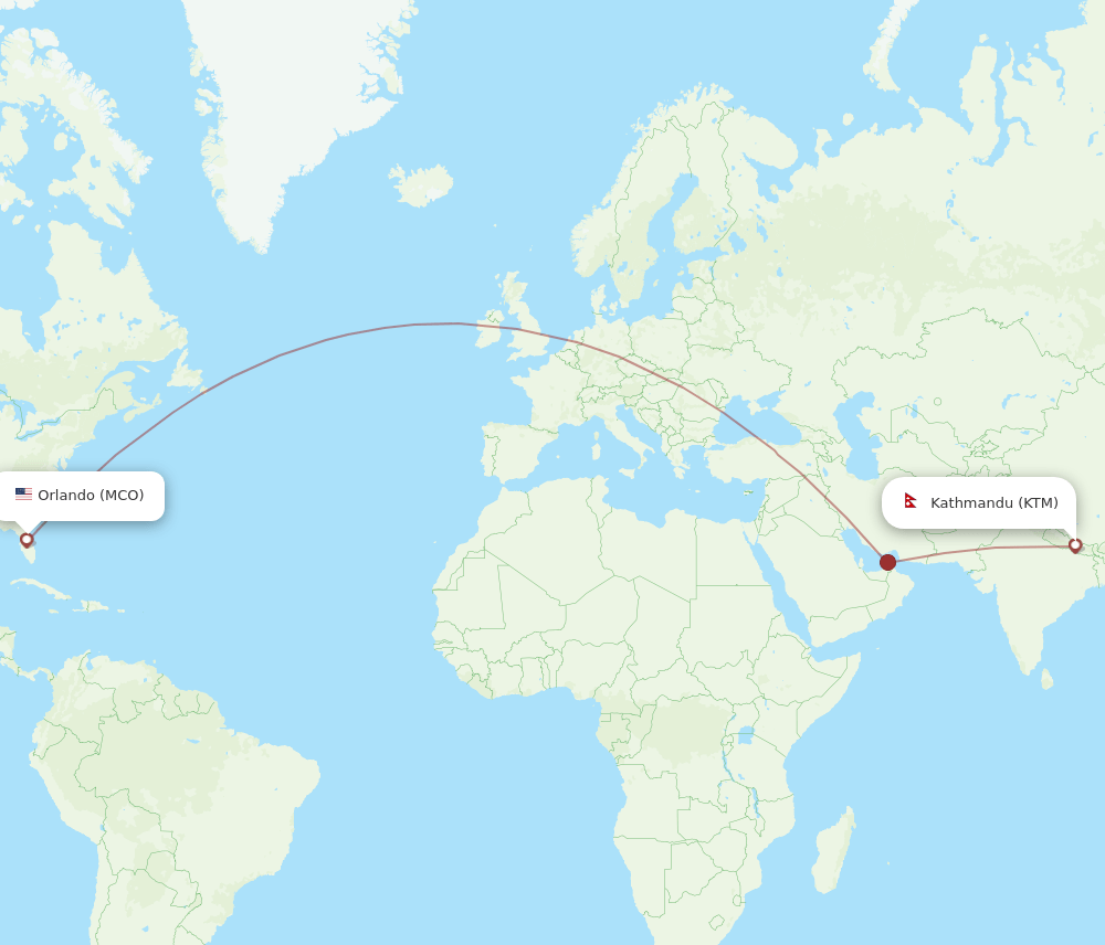 Orlando - Kathmandu route map and flight paths