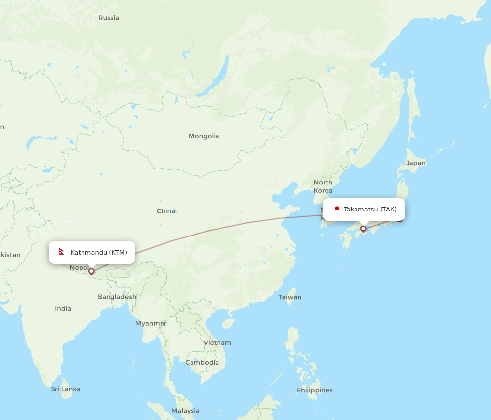 Takamatsu - Kathmandu route map and flight paths
