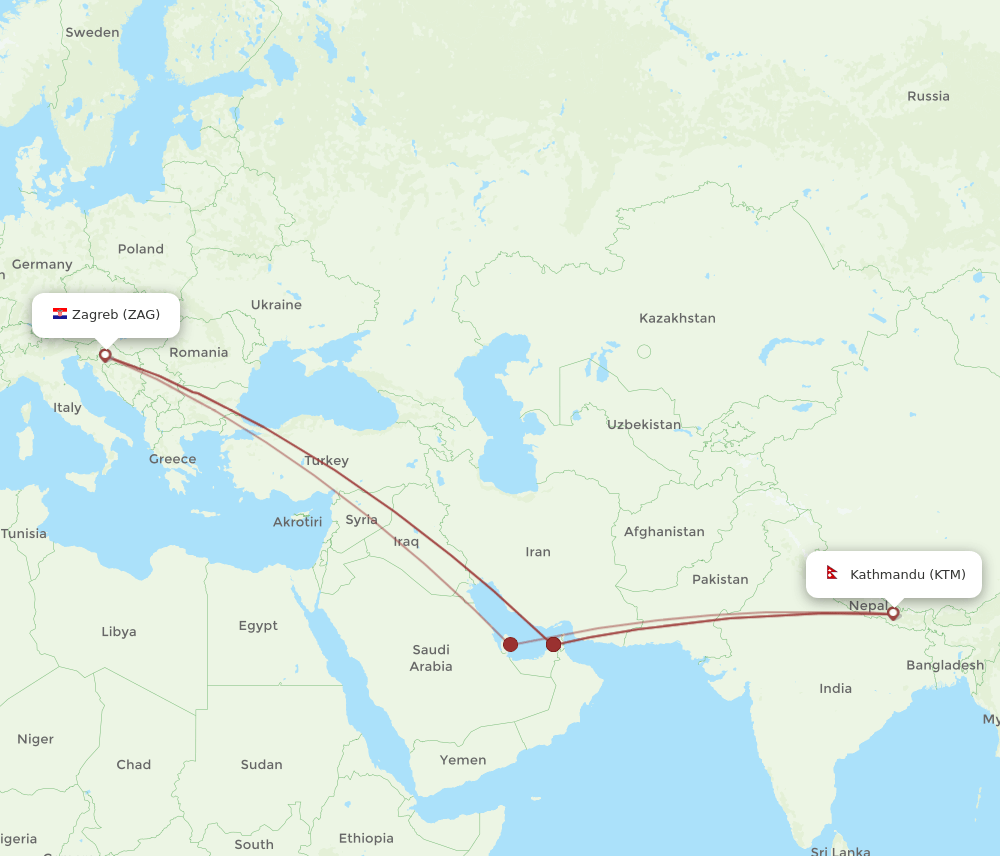 Zagreb - Kathmandu route map and flight paths