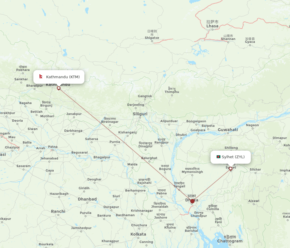 Sylhet - Kathmandu route map and flight paths