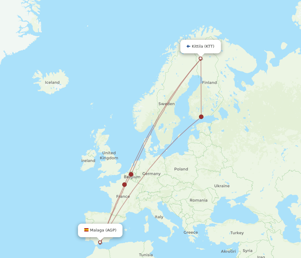 KTT to AGP flights and routes map
