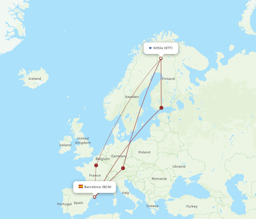 KTT to BCN flights and routes map