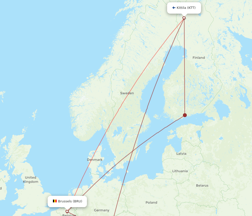 KTT to BRU flights and routes map