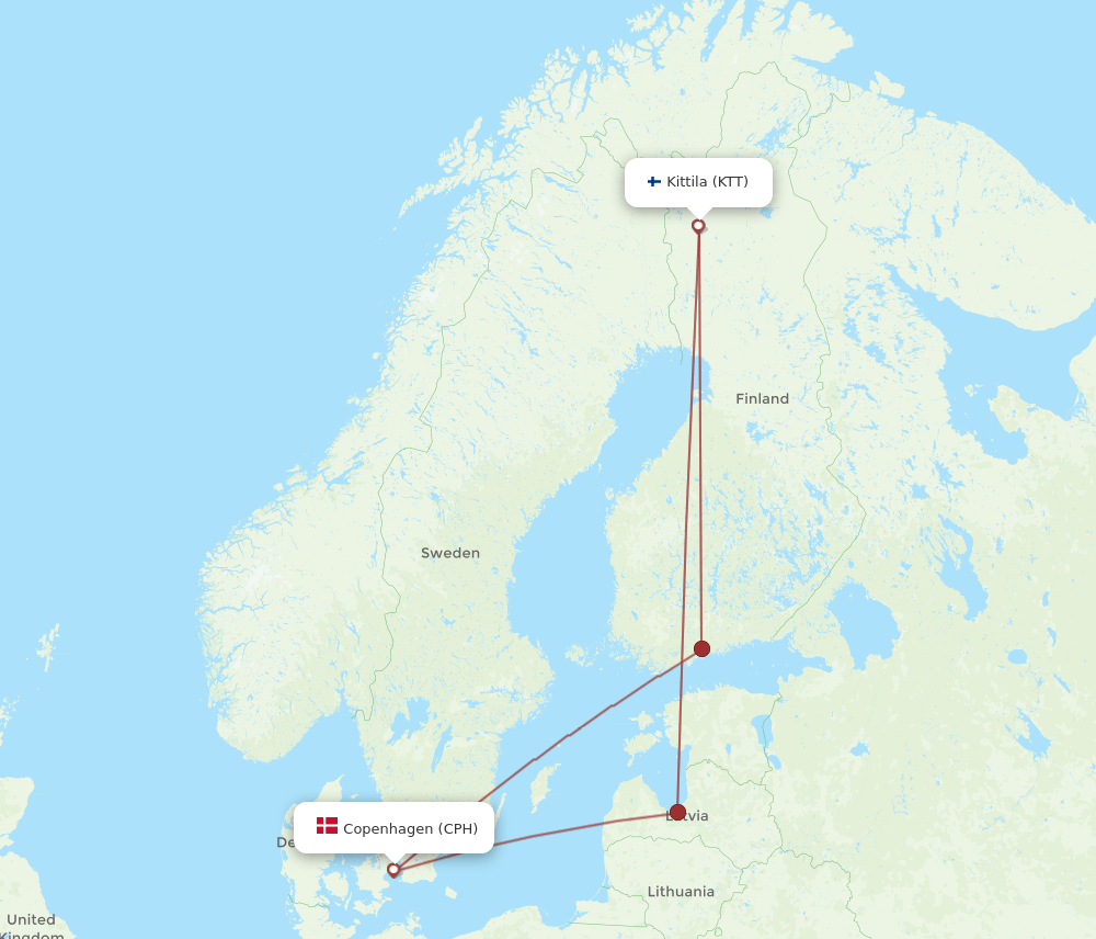 KTT to CPH flights and routes map