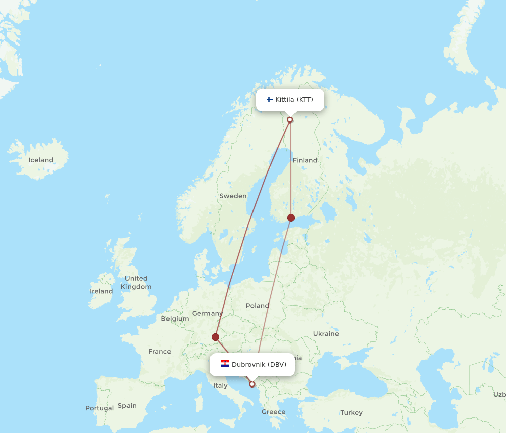 KTT to DBV flights and routes map