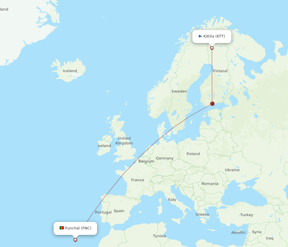 KTT to FNC flights and routes map