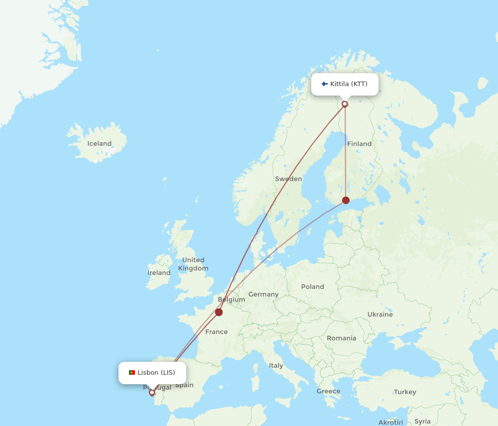 KTT to LIS flights and routes map