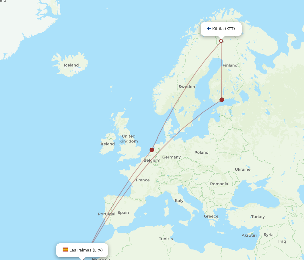 Kittila - Las Palmas route map and flight paths