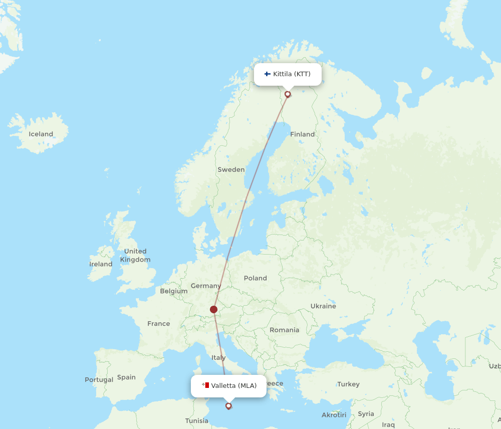 Malta - Kittila route map and flight paths